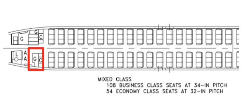 Graphic of the inside of an airplane showing seating arrangements.